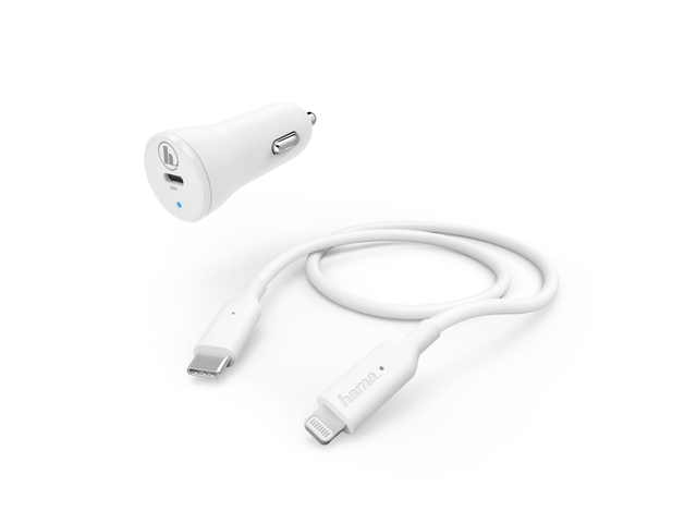 Зарядни устройства Hama Car Charging Set, Lightning, Power Delivery (PD), 18W, 1 метър, бял