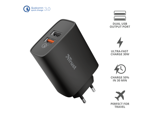 Зарядни устройства Trust Qmax 30W Ultra-Fast Dual USB Wall Charger с QC3.0
