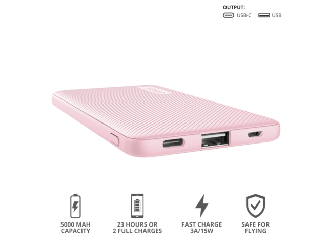 Външни батерии Trust Primo Ultra-thin Powerbank 5.000 mAh - pink