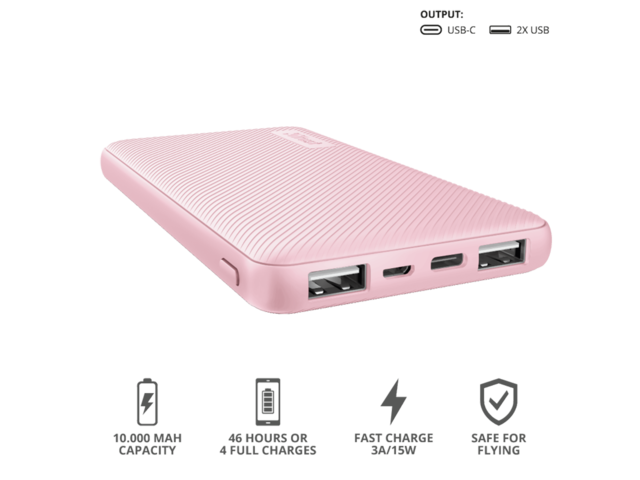 Външни батерии Trust Primo Ultra-thin Powerbank 10000 mAh - pink