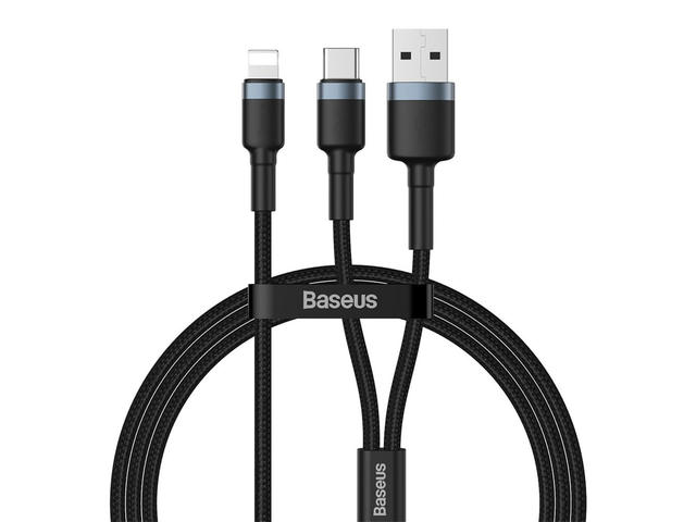 Кабели и Адаптери Baseus Cafule USB + USB-C to Lightning Cable PD 18W (CATKLF-ELG1) - USB и USB-C към Lightning кабел за Apple устройства с Lightning порт (120 см) (черен-сив)