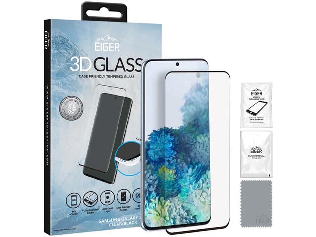 Защитно фолио Eiger 3D Glass Case Friendly Tempered Glass - калено стъклено защитно покритие с извити ръбове за дисплея на Samsung Galaxy S20 Plus (черен-прозрачен) 