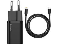 Зарядни устройства Baseus USB-C 20W super-si Quick + Type-C към Lightning кабел 1м, черен