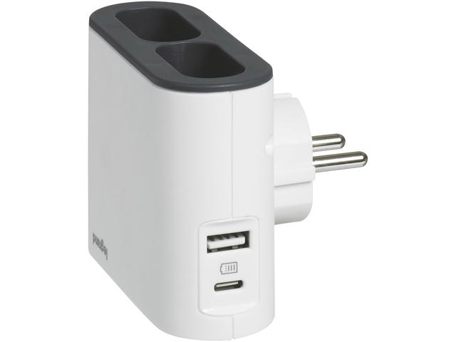 Зарядни устройства Legrand COR, 2P 6A, 2 странични гнезда, USB A+C, бяло/сиво