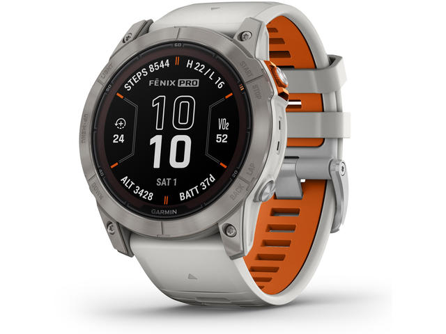Смарт часовници Garmin fenix 7X Pro Sapphire Solar Edition - Titanium с Fog Gray/Ember Orange каишка