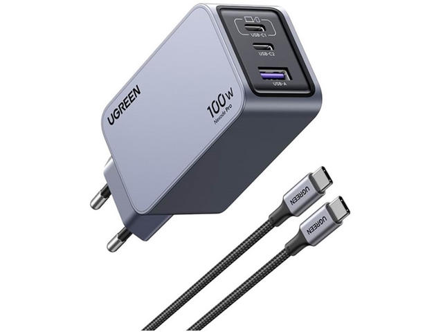Зарядни устройства UGREEN 100W Nexode Pro EU 3-портово бързо зарядно устройство GaN PD с USB-C кабел (25874) 