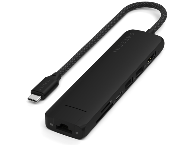 USB Хъб Satechi 7-in-1 USB-C Slim Multiport Adapter with Ethernet - Black
