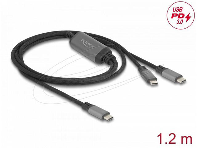 Кабели и Адаптери Delock Кабел USB-C, Y-кабел, 2 x USB-C PD 3.0, 100 W, 1.2 метра