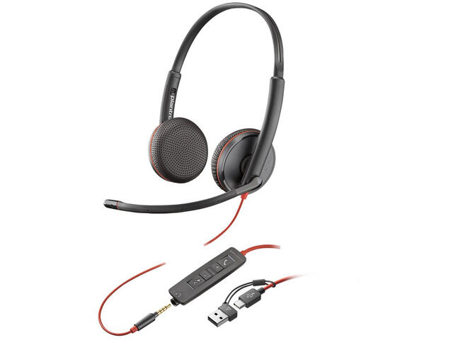 Слушалки HP Poly Blackwire 3225 стерео USB-C слушалки, 3,5 мм жак и USB-C/A адаптер (8X229A6)
