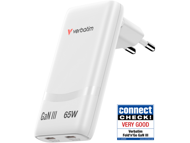 Зарядни устройства Verbatim Fold 'n' Go GaN Charger 65W 2-Port EU Plug - White